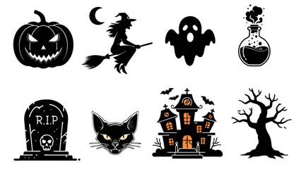Halloween-Themed Illustrations Featuring Pumpkins, Ghosts, Witches, and Haunted Houses