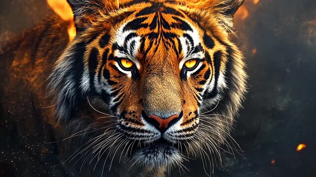 Wild tiger face lit by fire