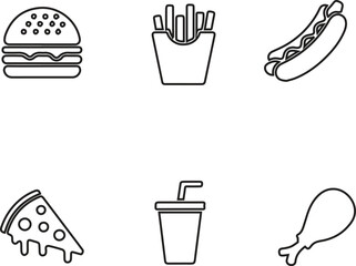 ​Minimalist fast food icon set including burger, fries, drink, chicken leg, pizza, hot dog flat clean full black silhouette vector 