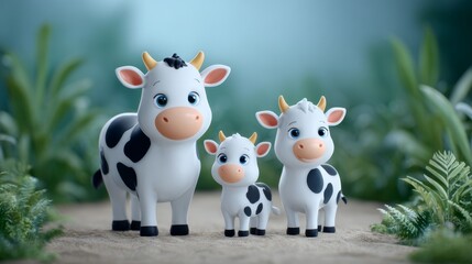 Naklejka premium Playful cartoon cows enchanted forest 3d animation lush greenery close-up view whimsical characters