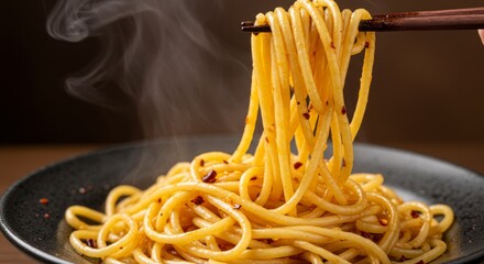 Close-up chili oil pappardelle with chopsticks lifting noodles and glossy sauce
