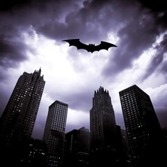 Dark, dramatic cityscape at night with a silhouette of a bat against a stormy sky