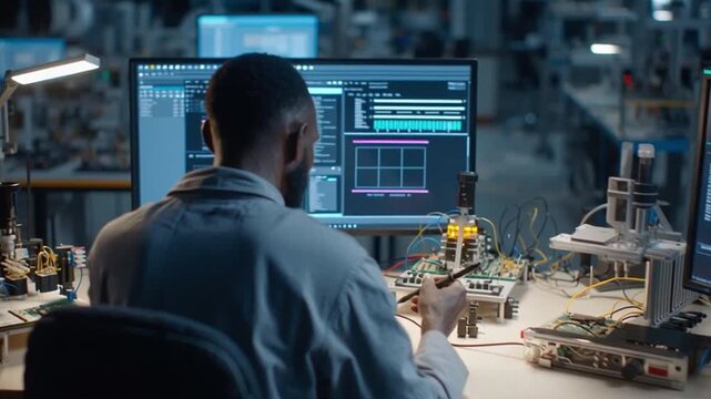 Electrical engineer using testing equipment on PCB boards, monitors displaying technical data, clean and organized lab interior.