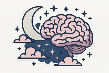 A whimsical representation of a brain surrounded by clouds and a crescent moon, incorporating symbolism of creativity and contemplation in a dreamy cosmic atmosphere