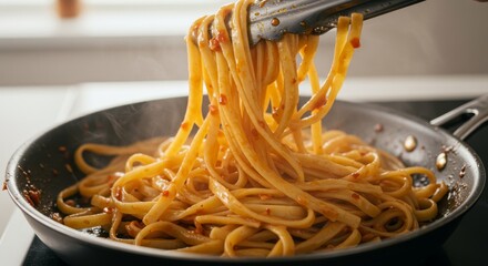 Pasta in skillet with chili garlic butter tongs lifting noodles