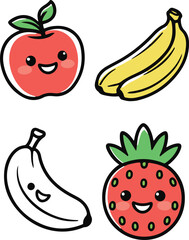 Bold black line cute fruit doodle icons, smiling apple, banana, strawberry, pineapple, minimal cartoon style, kids fun illustration, coloring page friendly vector 1