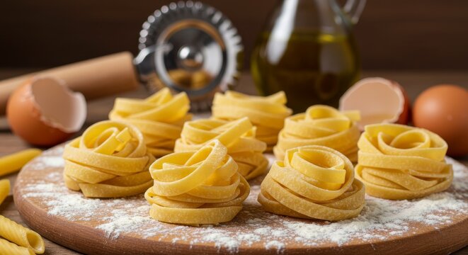 Rustic egg pappardelle nests on floured wooden board with pasta wheel and olive oil