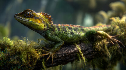 Obraz premium Vibrant green lizard with intricate scales rests on mossy branch, showcasing detailed texture and striking eye in lush forest setting