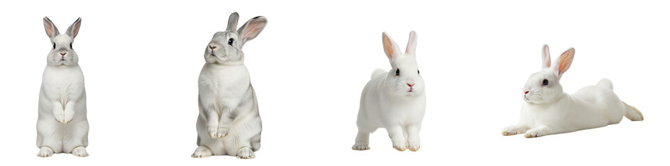 Group of four white rabbits with soft grey accents in various poses showing playful and calm expressions © Totomonk