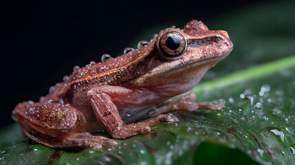 Obraz premium Captivating close-up of a dew-kissed tree frog perched on a vibrant green leaf, showcasing intricate details and natural beauty.