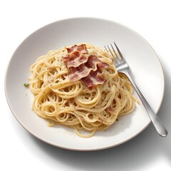 Creamy spaghetti carbonara with crispy bacon and chives lifted by fork on white plate isolated on white background