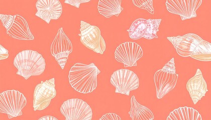 A cheerful, repeating design of various seashells in soft, pastel colors against a coral background.