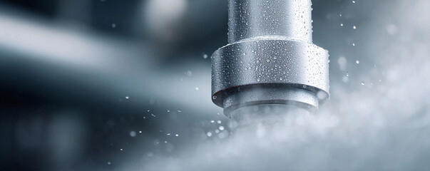 Closeup of industrial machinery with water droplets, conveying precision and power. Evokes concepts of engineering, manufacturing, and technological advancement.