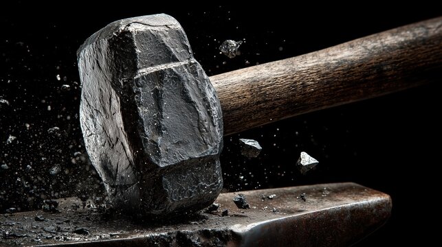 A close-up of a heavy hammer striking an anvil, with sparks and debris flying. The scene captures the intensity of metalworking and craftsmanship.