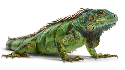 Fototapeta premium Stunning green iguana reptile with detailed scales and crest, captured in a professional studio shot against a clean white background.