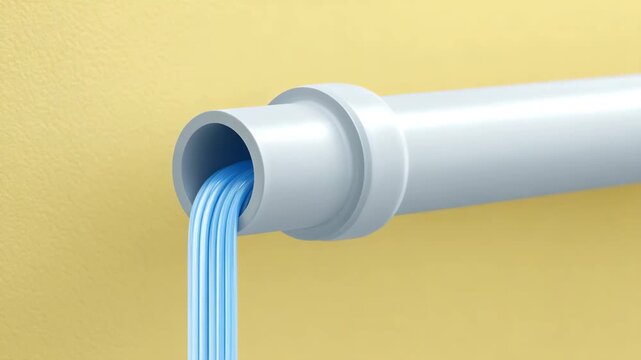 Flowing from the Conduit: A close-up perspective of a smooth, cylindrical conduit spewing a stream of a blue substance, contrasting against a warm background, showcasing a modern design.