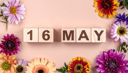 Wooden Blocks with Date 16 May. Floral Calendar – Vibrant Flowers on Solid Colored Background