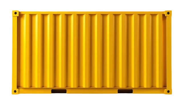 Yellow shipping container standing upright isolated on transparent background