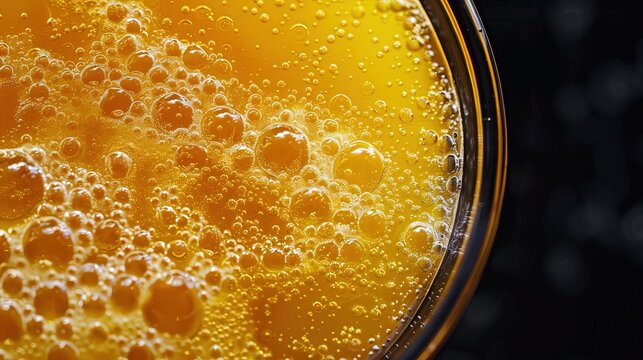 macro shot, top-down view of pineapple juice texture against a deep black background