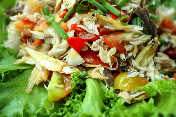 Close-up detail of Thai spicy mackerel and anchovy salad with chili, tomato, onion, and fresh herbs, authentic homemade Thai local cuisine photography