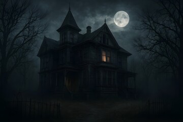 Haunted House at Night &ndash; Spooky Gothic Mansion with Full Moon Atmosphere