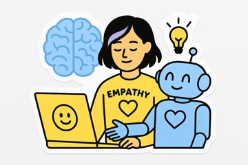 A creative illustration showcasing the harmony between human intellect and artificial intelligence where a person and a robot collaborate in empathy driven technology focused on innovative