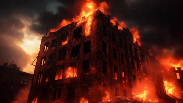 Abandoned building engulfed in flames
