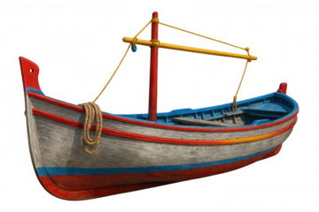 Traditional colorful wooden fishing boat with mast and ropes isolated on transparent background, ideal for maritime-themed projects