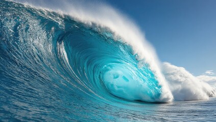 Obraz premium A powerful ocean wave crashes dramatically against the clear blue sky, showcasing a vibrant turquoise color in its peak.