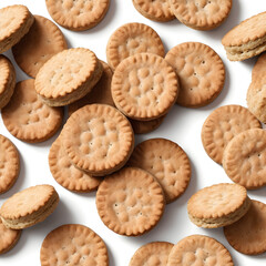 Assorted cream-filled sandwich biscuits with golden textures and broken cookie detail on white background
