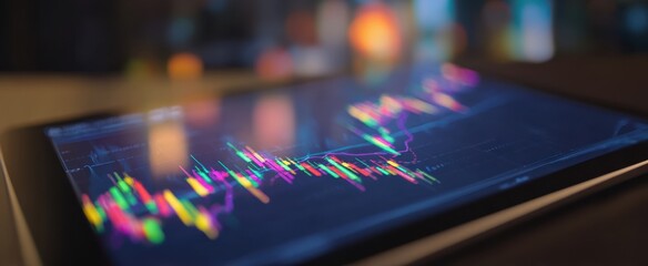 [The tablet displaying colorful financial candlestick charts and market data in soft bokeh]