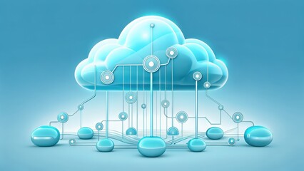 music production cloud hosting Cloud computing concept with connected data elements and a blue background.
