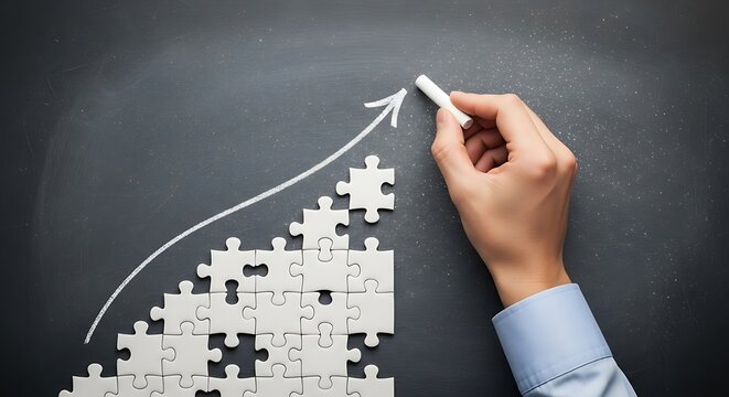 A hand draws an upward trending line over a collection of white jigsaw puzzle pieces arranged on a dark gray surface, signifying growth and progress.
