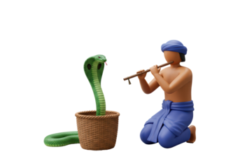 Isolated Snake Charmer playing Flute to Cobra rising from Basket, traditional Indian scene