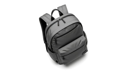 Naklejka premium A gray backpack with black zippers and straps is shown on a white background, angled slightly.