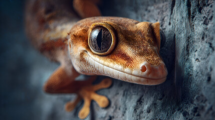 Intricate macro view of a curious gecko with striking eye clinging to a textured rock surface, showcasing fine scales and natural detail
