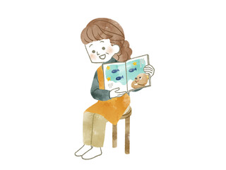 絵本の読み聞かせをしている女性-水彩