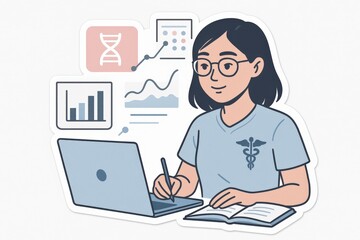 Engaging healthcare researcher diligently analyzing data while surrounded by scientific visuals such as graphs and DNA structures reflecting the intersection of health and technology
