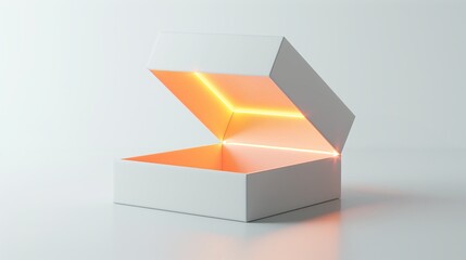 a hyper-realistic 3D render of an open sleek white gift box with a stylish ribbon, glowing orange light, commercial product visualization style 