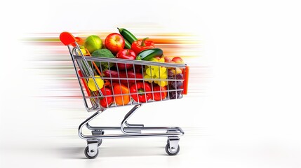 a shopping cart in motion, filled with colorful fruits and vegetables