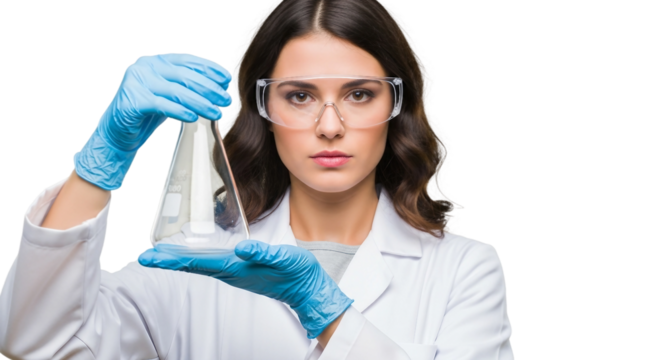 Female scientist holding Erlenmeyer flask on white background