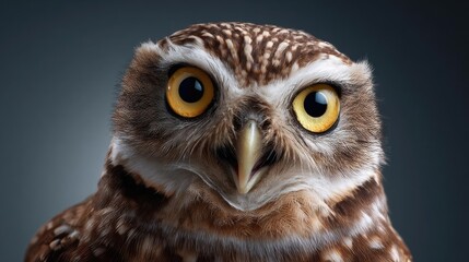 Obraz premium Shocked owl reacting in surprise concept. Close-up portrait of a wise owl with striking yellow eyes.