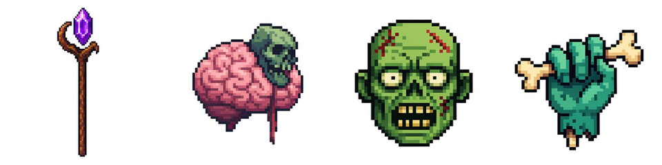 Halloween pixel art features magic staff brain with skull zombie face and hand holding bone in spooky style