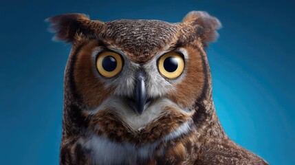 Shocked owl reacting in surprise concept. Close-up of a wise owl with piercing yellow eyes staring intently.