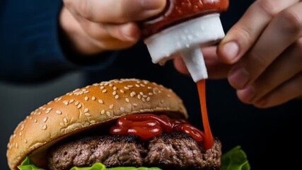 Close-up of a hand adding ketchup to a delicious burger with lettuce on a sesame seed bun, highlighting food preparation