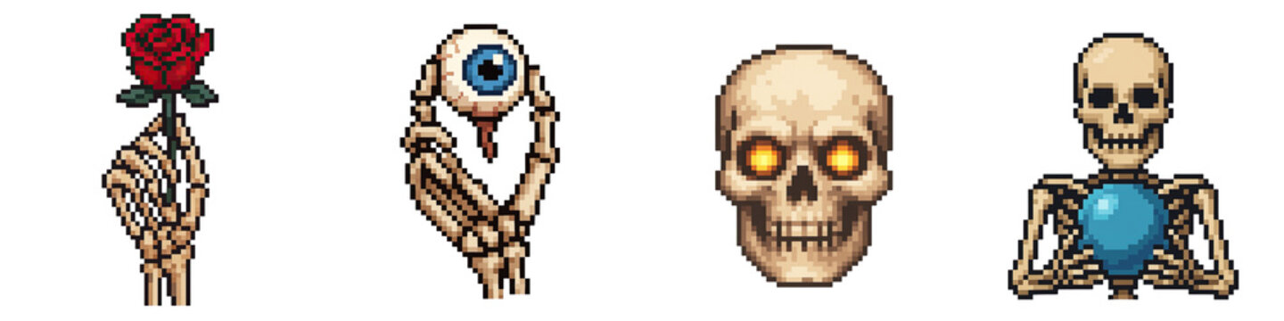 Halloween pixel art features skeleton hand holding rose and eyeball with skull and skeleton holding blue orb in spooky style