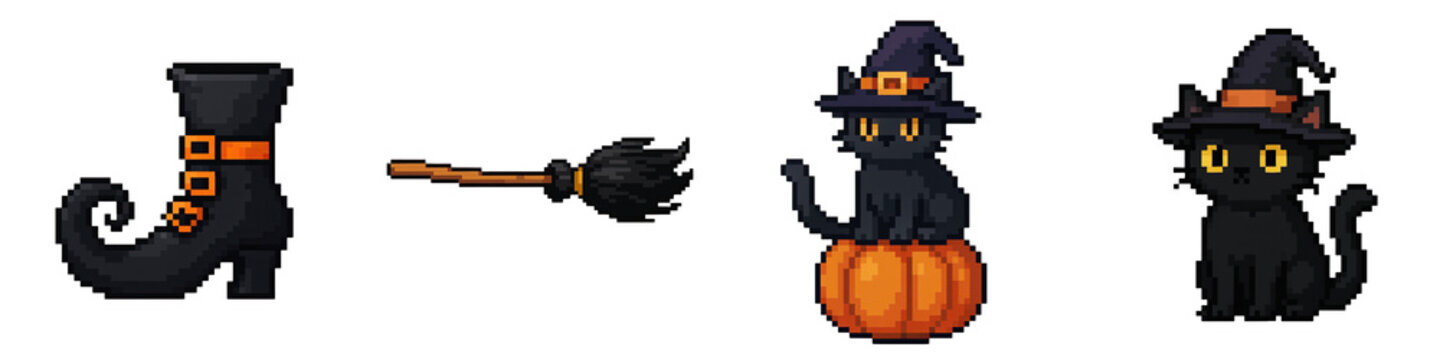 Halloween pixel art witch boot broom cat pumpkin spooky magic retro