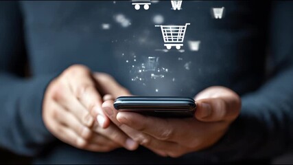 Businessman adding items to virtual cart using smartphone, symbolizing online shopping and e-commerce - Powered by Adobe