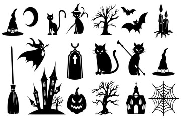 Halloween Vector Silhouettes — Witch, Black Cat, Haunted House, Pumpkin, Bat, Tree, Broom & Spider Web Icons