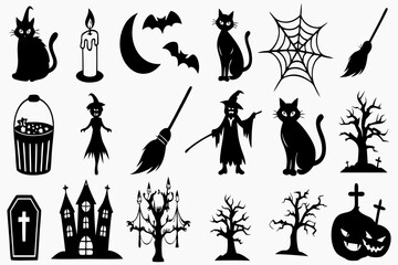 Halloween Vector Silhouette Set — Witch, Black Cat, Haunted House, Pumpkin, Bats & Spider Web Icons